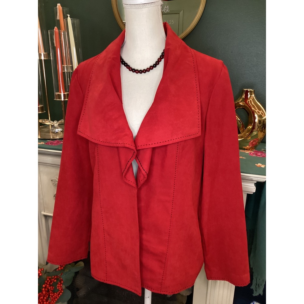 Alfred Dunner‎ Faux Suede Red Jacket SZ 12 With Black Whipstitch Open Front
